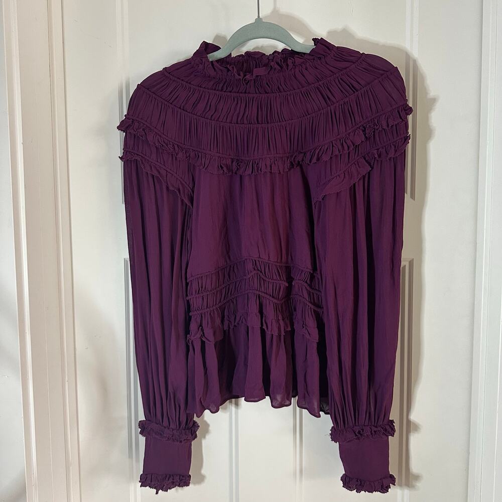Farm Rio Purple Ruffled LongSleeve XS High Neck Smocked Bib Collar Zipper Blouse